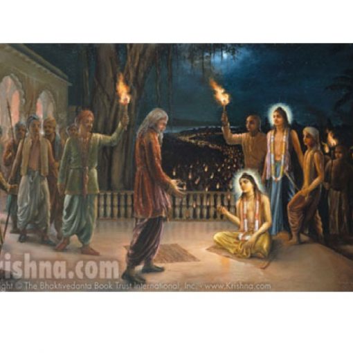 Nimai formed three kirtan parties and told them all to carry torches and marched towards Kazi's house,