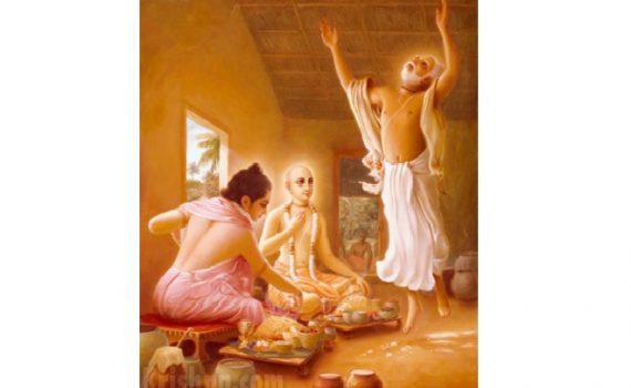 While honoring prasadam Nityananda prabhu, threw rice on the floor,